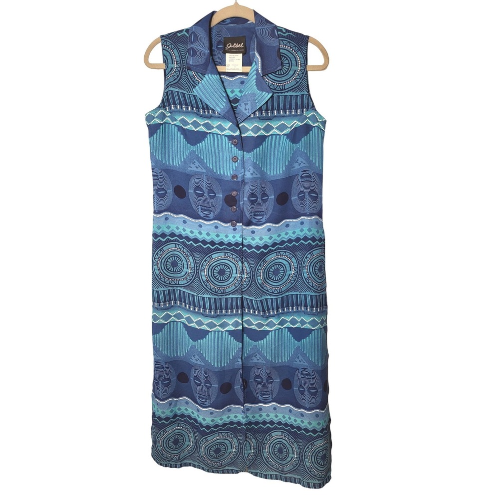 VTG Jolibel Blue Tribal Mask Print Sleeveless Button Front Coverup 10 Resortwear
